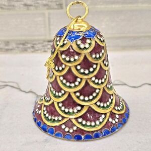 Hand Painted Cloisonné Enamel Bell Ornament Gold Blue Green Red Scalloped 3 1/2"
